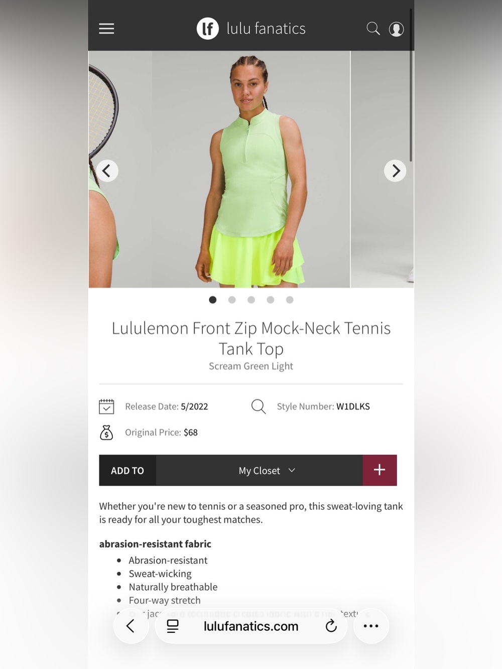 Lululemon Front Zip Mock Neck Tennis Tank Green 10